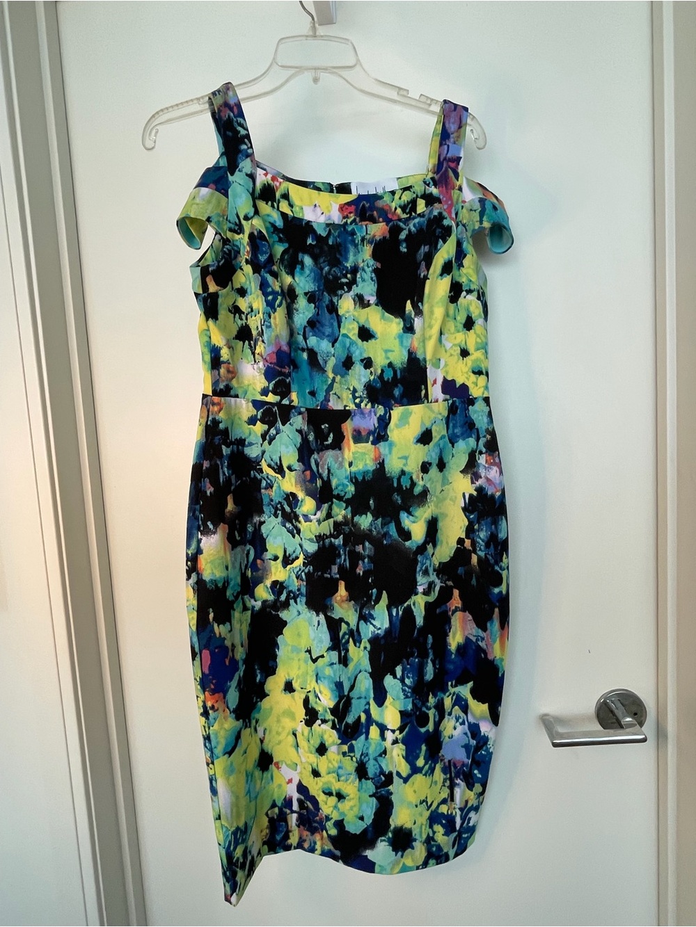 Nicole Miller One-Shoulder Abstract Floral Dress in Yellow, Blue, Black
